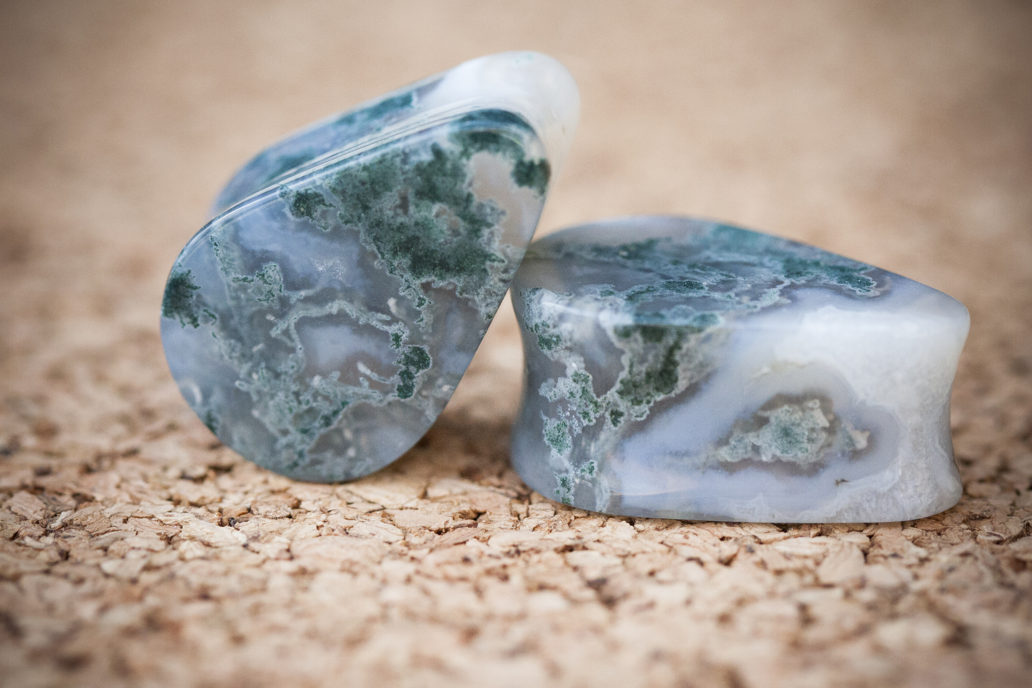 Turtle Stone plugs provided these beautiful teardrop plugs in natural Moss Agate...